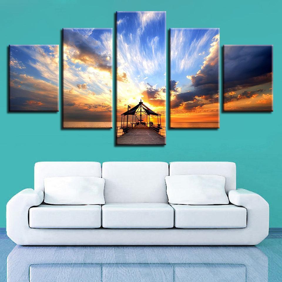 Dockside Sunrise Bridge 5 Piece HD Multi Panel Canvas Wall Art Frame-Original Frame