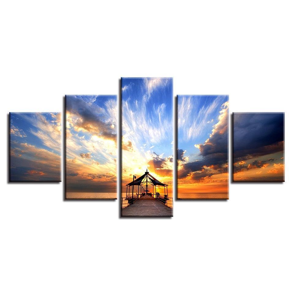 Dockside Sunrise Bridge 5 Piece HD Multi Panel Canvas Wall Art Frame-Original Frame