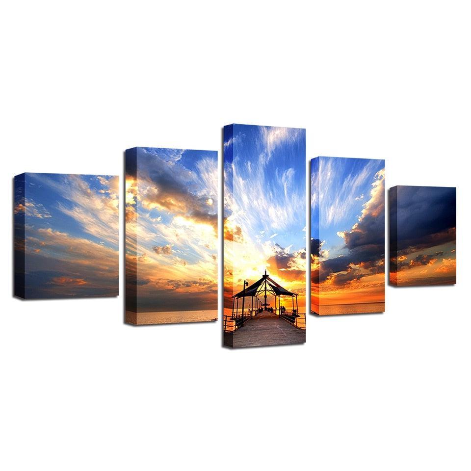 Dockside Sunrise Bridge 5 Piece HD Multi Panel Canvas Wall Art Frame-Original Frame