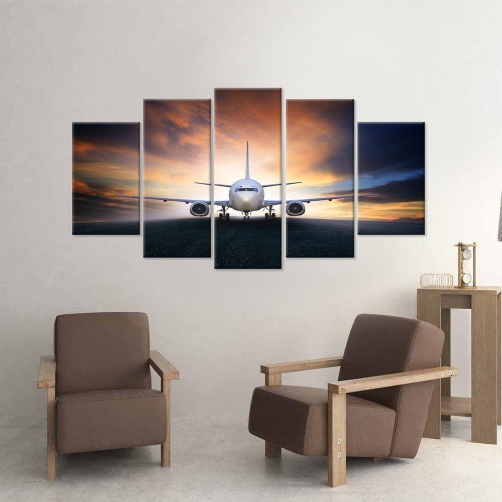 Aircraft Sunrise 5 Piece HD Multi Panel Canvas Wall Art Frame-Original Frame