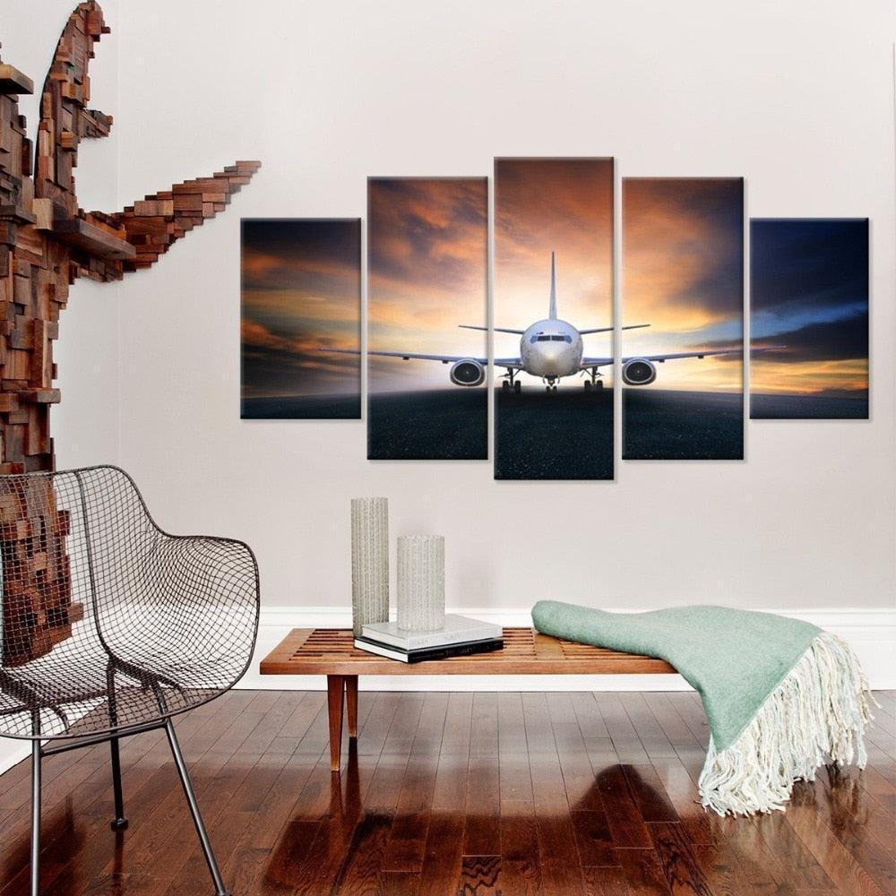 Aircraft Sunrise 5 Piece HD Multi Panel Canvas Wall Art Frame-Original Frame