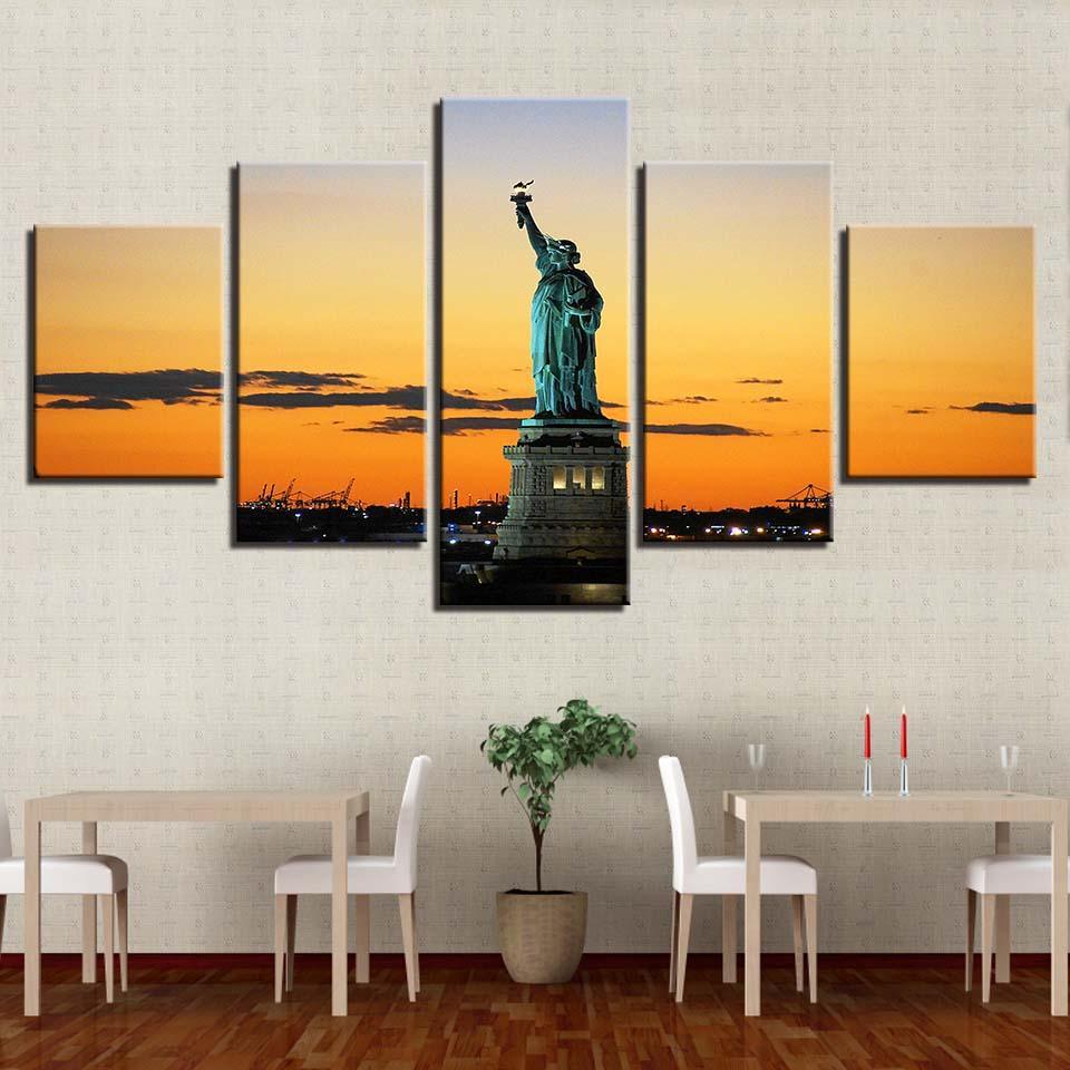 Statue of Liberty 5 Piece HD Multi Panel Landscape Canvas Wall Art Frame-Original Frame