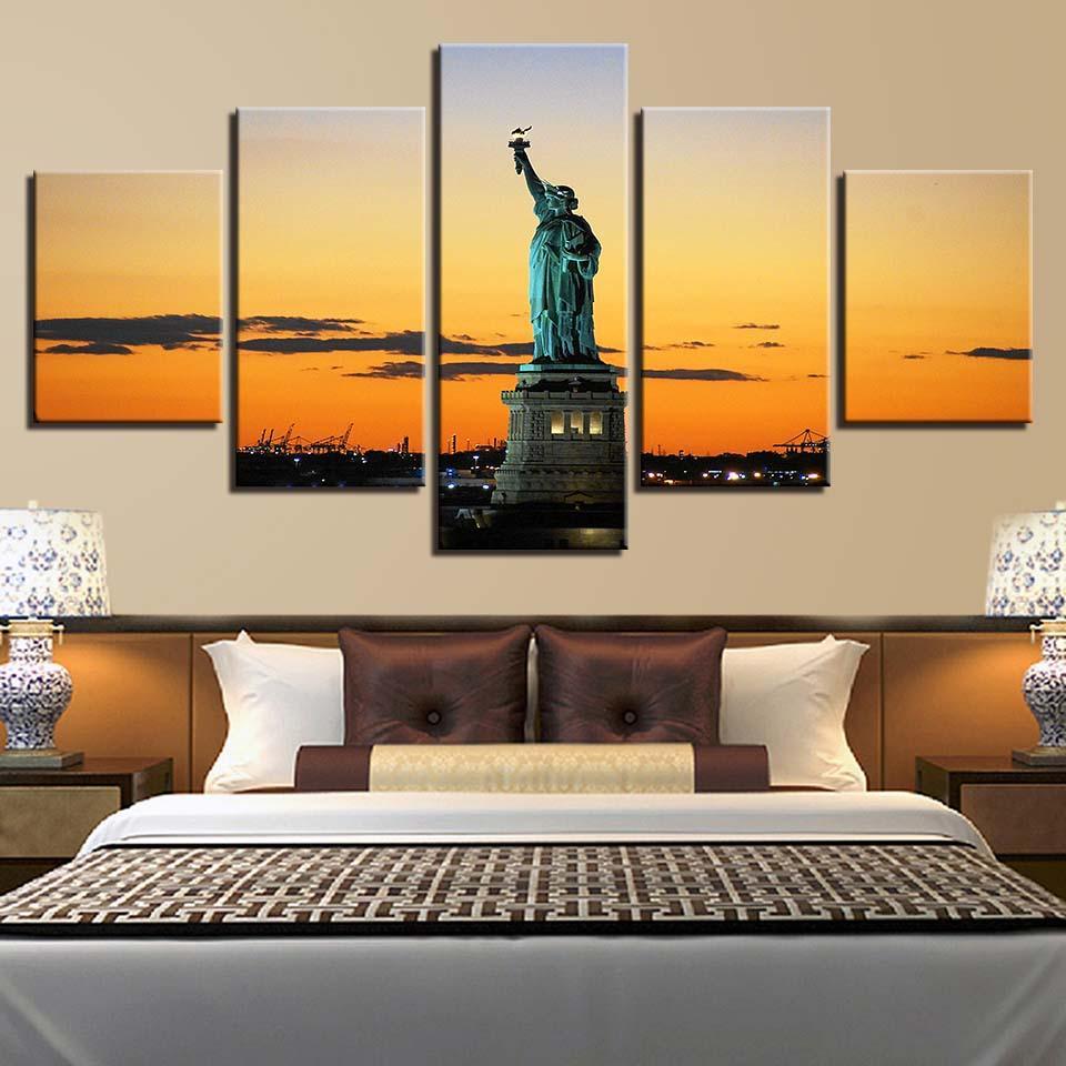 Statue of Liberty 5 Piece HD Multi Panel Landscape Canvas Wall Art Frame-Original Frame