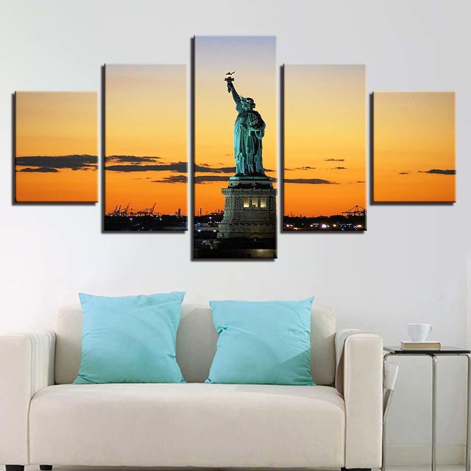Statue of Liberty 5 Piece HD Multi Panel Landscape Canvas Wall Art Frame-Original Frame