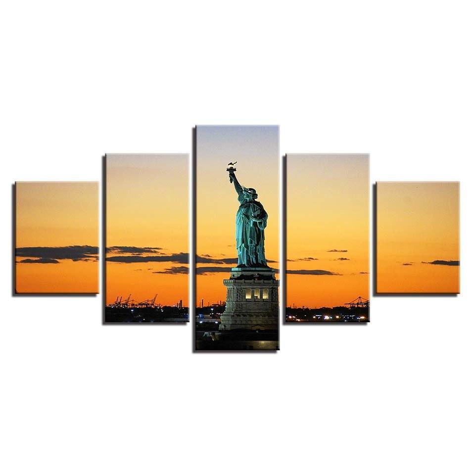 Statue of Liberty 5 Piece HD Multi Panel Landscape Canvas Wall Art Frame-Original Frame