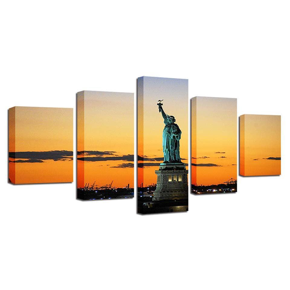 Statue of Liberty 5 Piece HD Multi Panel Landscape Canvas Wall Art Frame-Original Frame