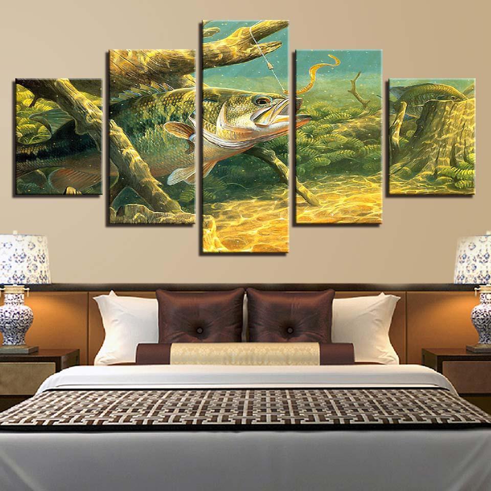 Wild Fish Under Water 5 Piece HD Multi Panel Canvas Wall Art Frame-Original Frame