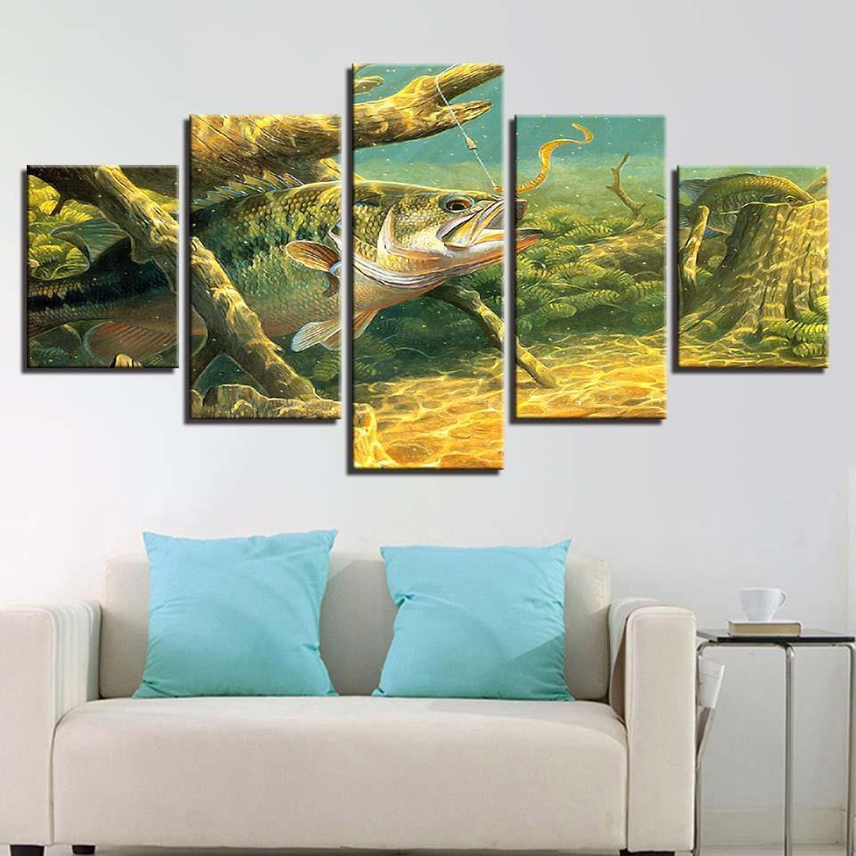 Wild Fish Under Water 5 Piece HD Multi Panel Canvas Wall Art Frame-Original Frame