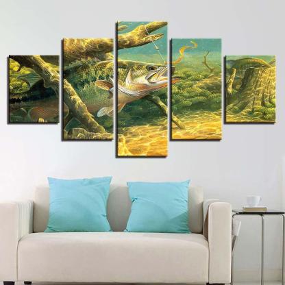 Wild Fish Under Water 5 Piece HD Multi Panel Canvas Wall Art Frame-Original Frame
