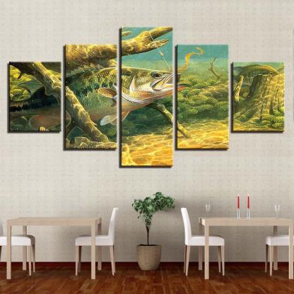 Wild Fish Under Water 5 Piece HD Multi Panel Canvas Wall Art Frame-Original Frame