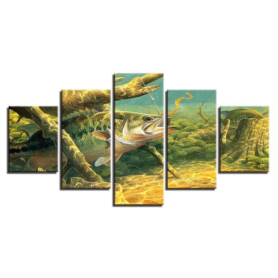 Wild Fish Under Water 5 Piece HD Multi Panel Canvas Wall Art Frame-Original Frame