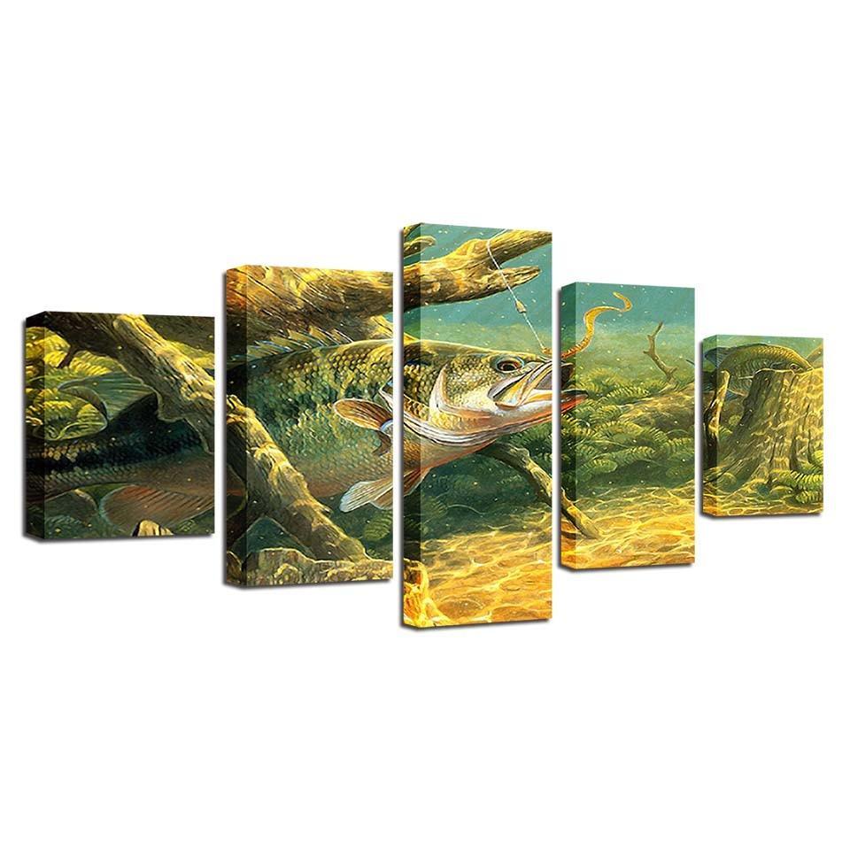 Wild Fish Under Water 5 Piece HD Multi Panel Canvas Wall Art Frame-Original Frame