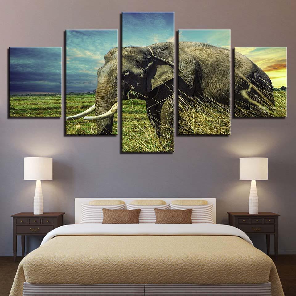 Elephant And The Sky 5 Piece HD Multi Panel Canvas Wall Art Frame-Original Frame
