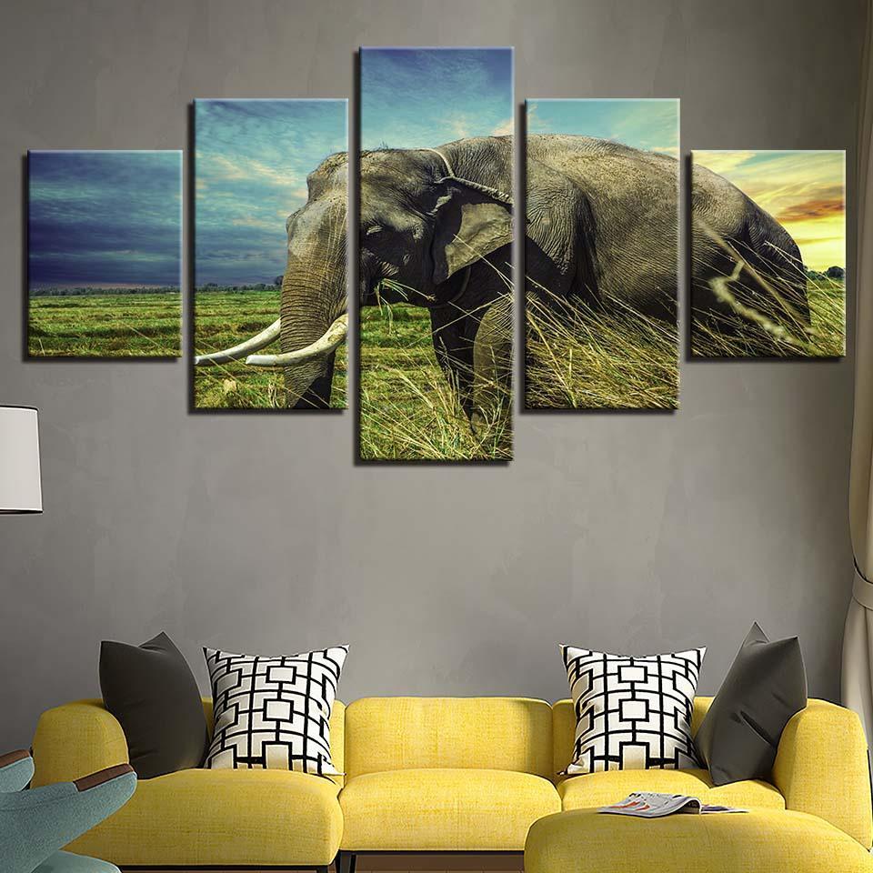 Elephant And The Sky 5 Piece HD Multi Panel Canvas Wall Art Frame-Original Frame