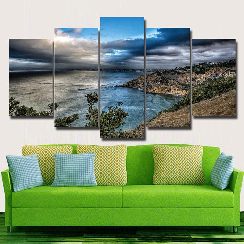Blue Sea Mountains Landscape 5 Piece HD Multi Panel Canvas Wall Art Frame-Original Frame