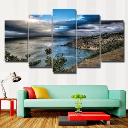 Blue Sea Mountains Landscape 5 Piece HD Multi Panel Canvas Wall Art Frame-Original Frame