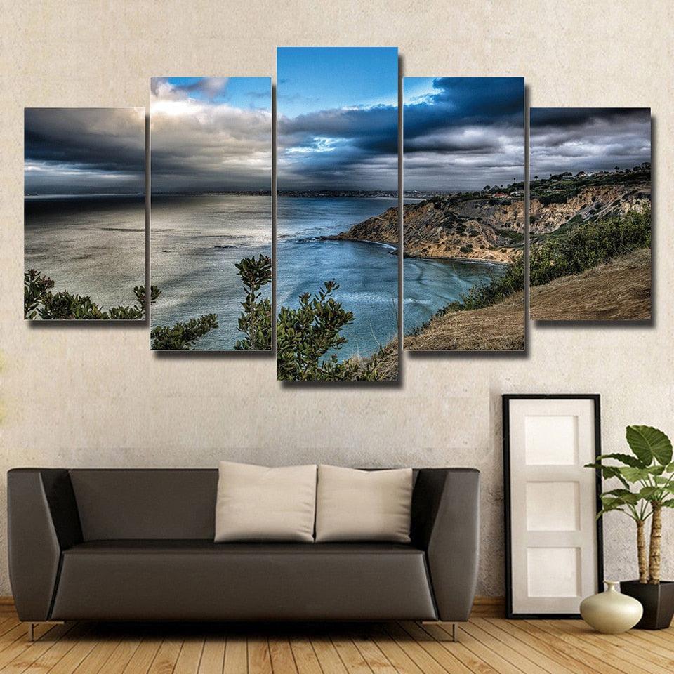 Blue Sea Mountains Landscape 5 Piece HD Multi Panel Canvas Wall Art Frame-Original Frame