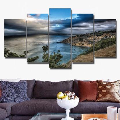 Blue Sea Mountains Landscape 5 Piece HD Multi Panel Canvas Wall Art Frame-Original Frame