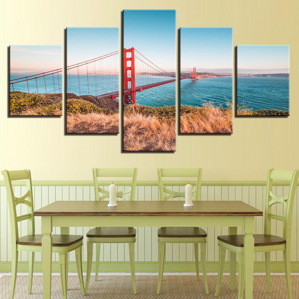 Classical Golden Gate Bridge 5 Piece HD Multi Panel Canvas Wall Art Frame-Original Frame
