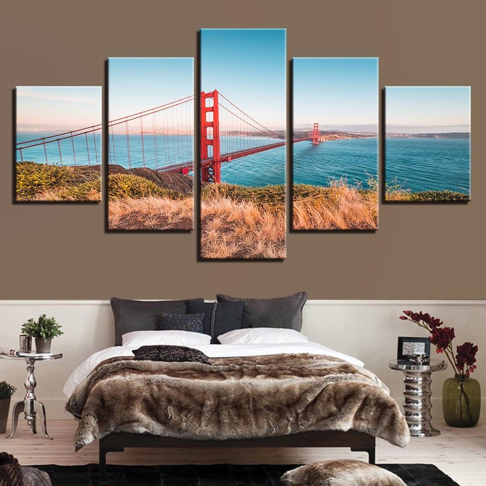 Classical Golden Gate Bridge 5 Piece HD Multi Panel Canvas Wall Art Frame-Original Frame