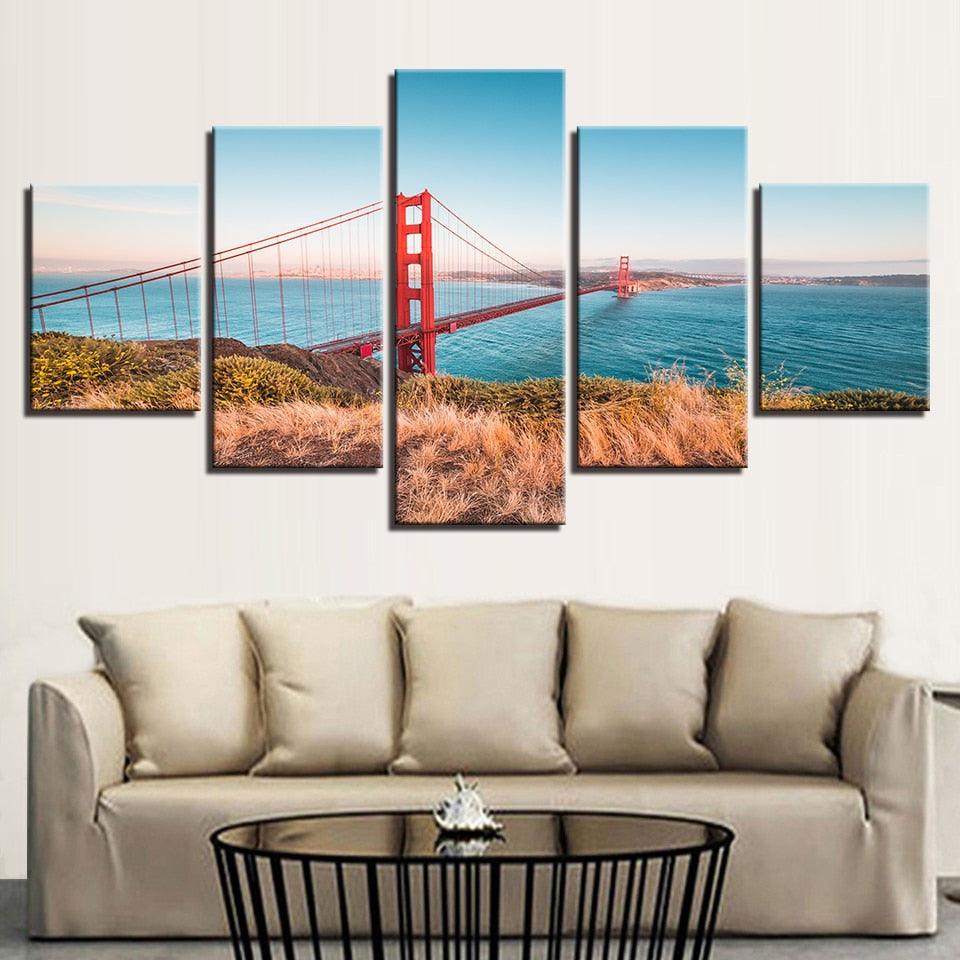 Classical Golden Gate Bridge 5 Piece HD Multi Panel Canvas Wall Art Frame-Original Frame