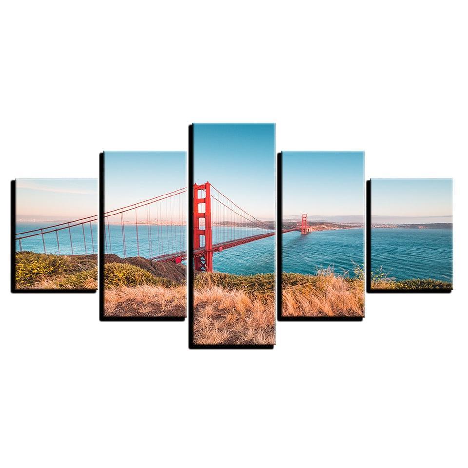 Classical Golden Gate Bridge 5 Piece HD Multi Panel Canvas Wall Art Frame-Original Frame