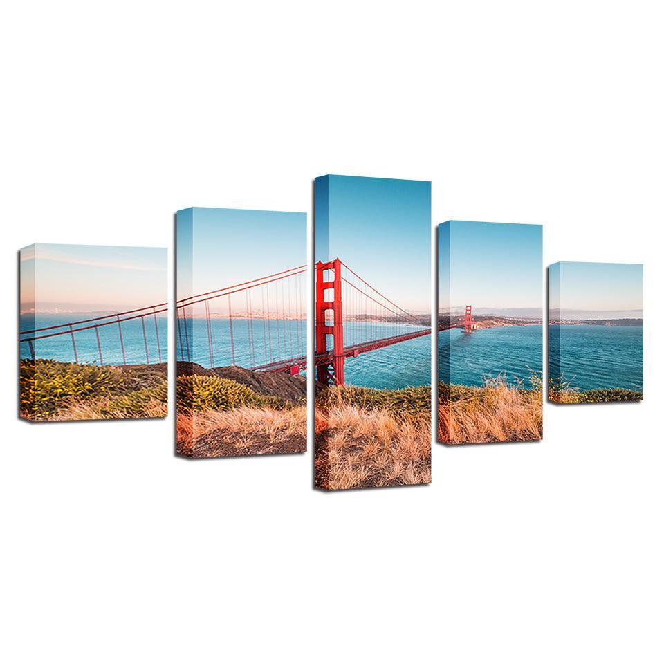 Classical Golden Gate Bridge 5 Piece HD Multi Panel Canvas Wall Art Frame-Original Frame