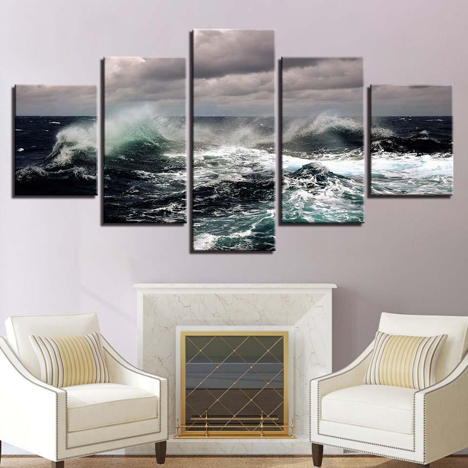 Fierce Sea Water Seascape 5 Piece HD Multi Panel Canvas Wall Art Frame-Original Frame