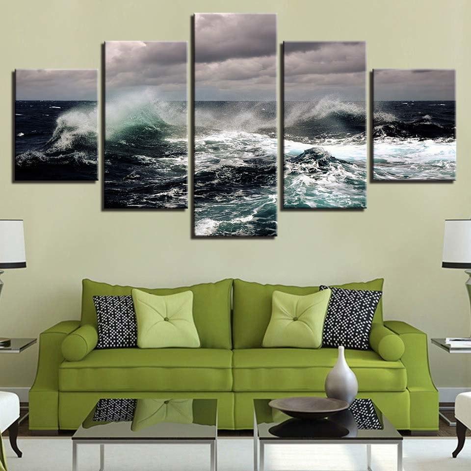 Fierce Sea Water Seascape 5 Piece HD Multi Panel Canvas Wall Art Frame-Original Frame