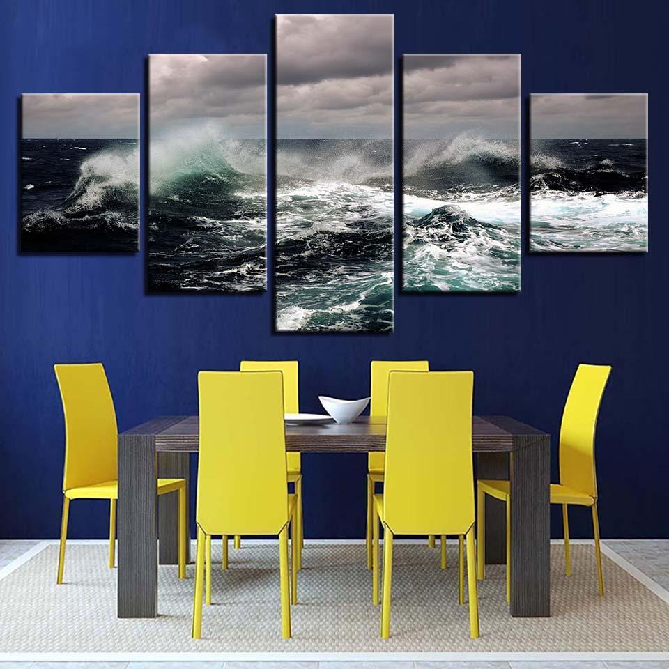 Fierce Sea Water Seascape 5 Piece HD Multi Panel Canvas Wall Art Frame-Original Frame