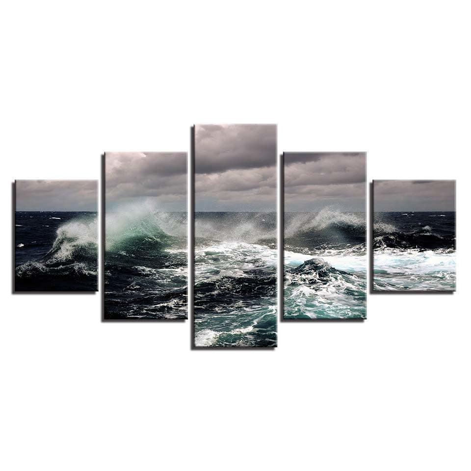 Fierce Sea Water Seascape 5 Piece HD Multi Panel Canvas Wall Art Frame-Original Frame