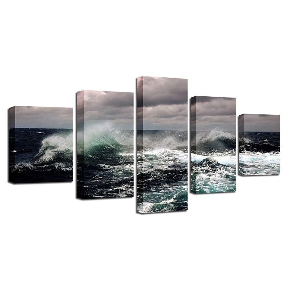 Fierce Sea Water Seascape 5 Piece HD Multi Panel Canvas Wall Art Frame-Original Frame