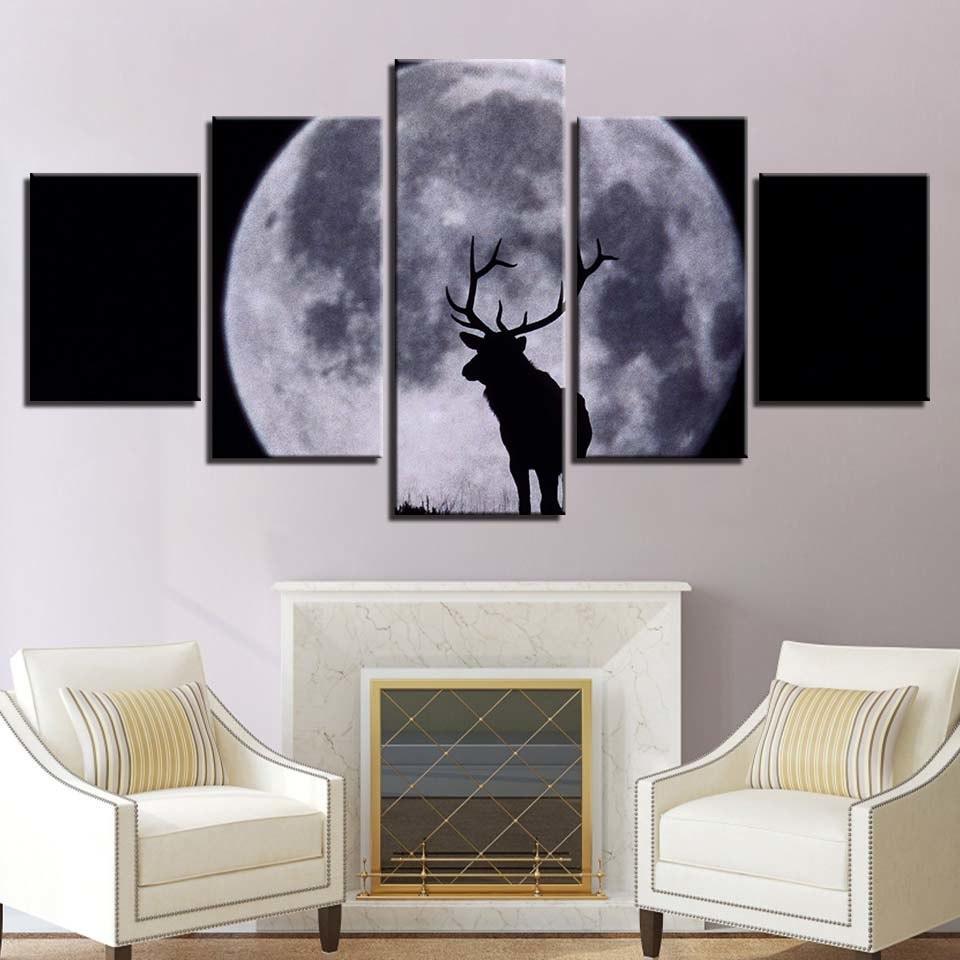 Moon And Elk 5 Piece HD Multi Panel Canvas Wall Art Frame-Original Frame