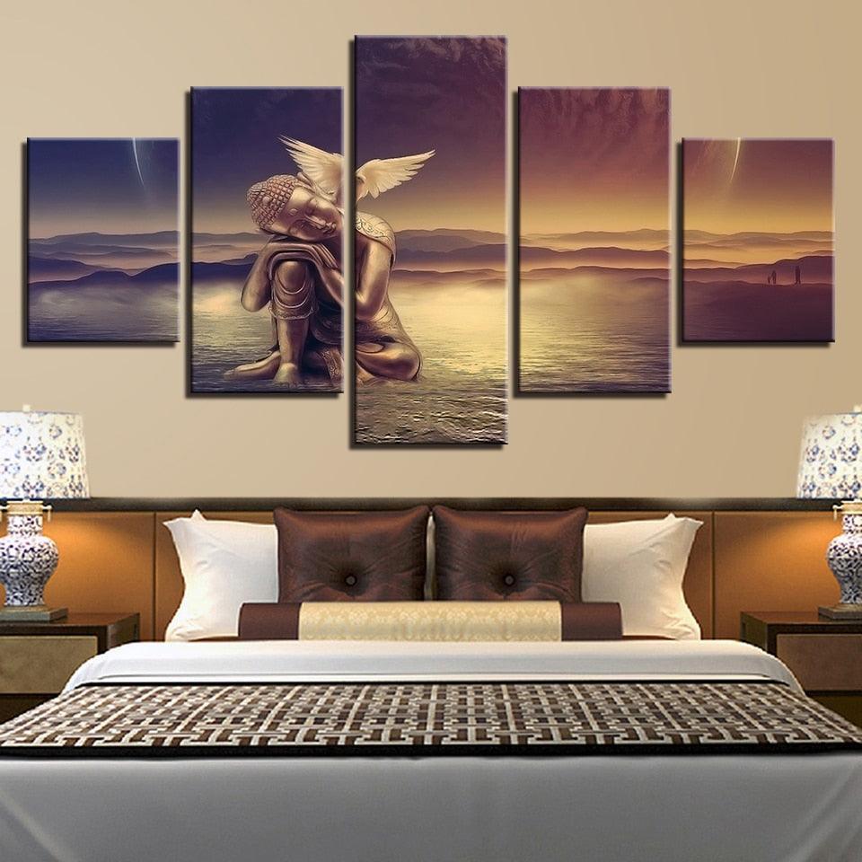Golden Buddha 5 Piece HD Multi Panel Canvas Wall Art Frame-Original Frame