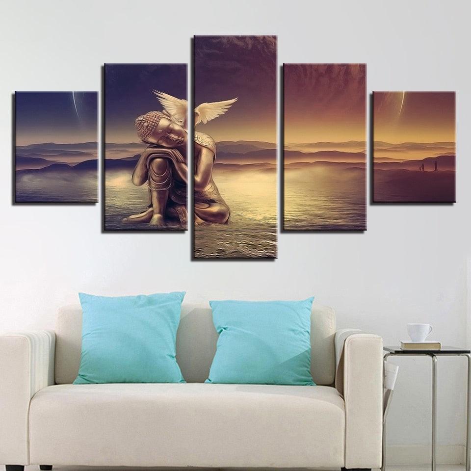 Golden Buddha 5 Piece HD Multi Panel Canvas Wall Art Frame-Original Frame