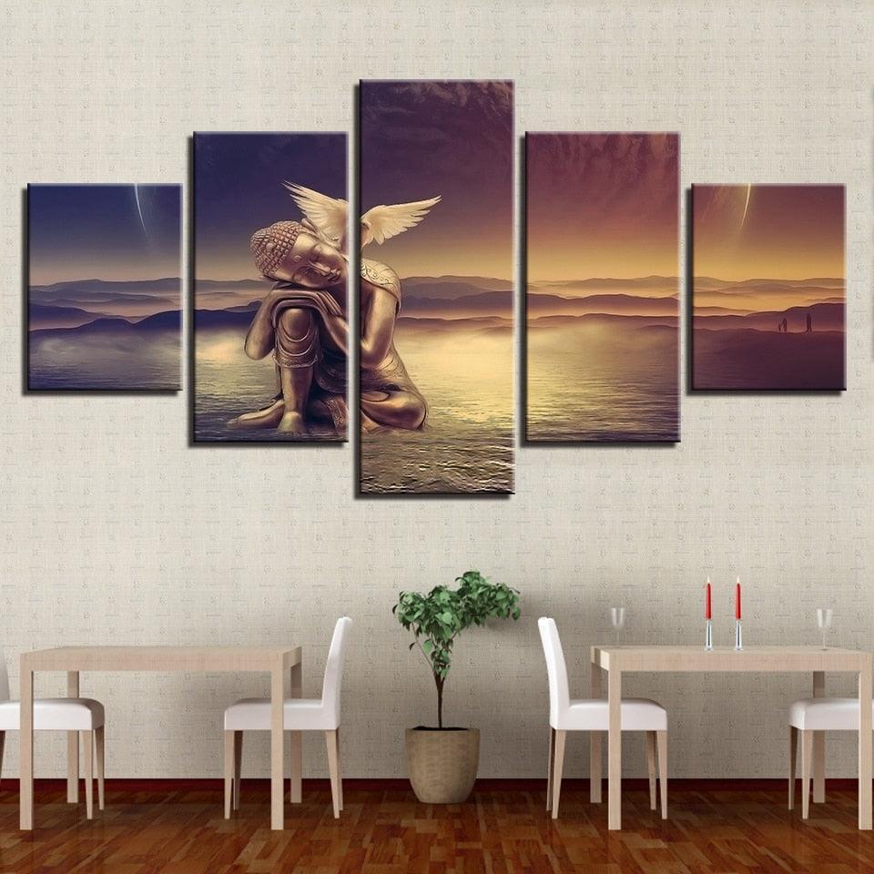 Golden Buddha 5 Piece HD Multi Panel Canvas Wall Art Frame-Original Frame