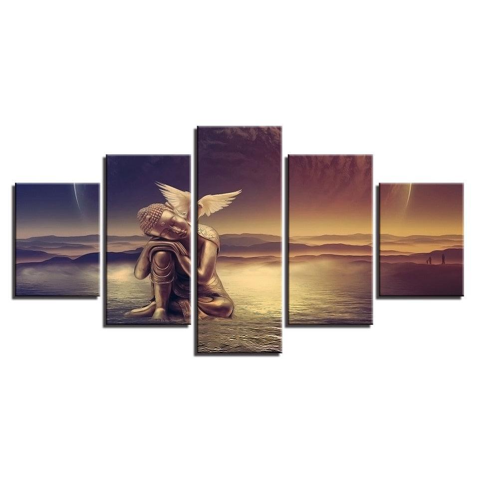 Golden Buddha 5 Piece HD Multi Panel Canvas Wall Art Frame-Original Frame