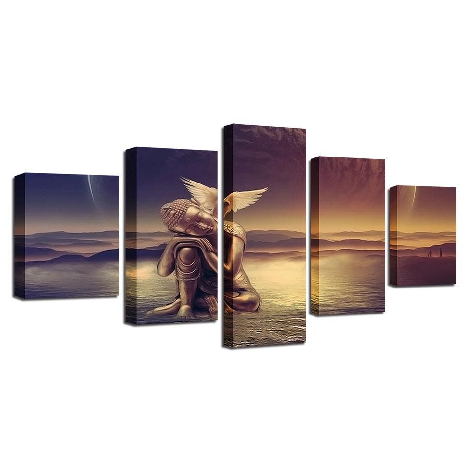 Golden Buddha 5 Piece HD Multi Panel Canvas Wall Art Frame-Original Frame