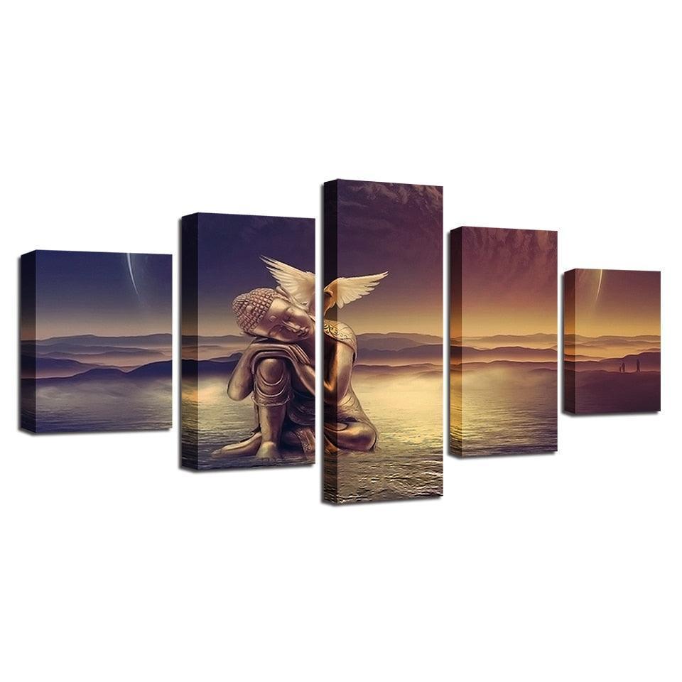Golden Buddha 5 Piece HD Multi Panel Canvas Wall Art Frame-Original Frame