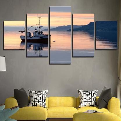 Ship and Mountain Sunrise Seascape 5 Piece HD Multi Panel Canvas Wall Art Frame-Original Frame
