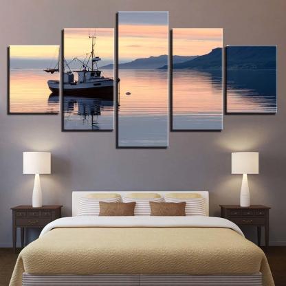 Ship and Mountain Sunrise Seascape 5 Piece HD Multi Panel Canvas Wall Art Frame-Original Frame