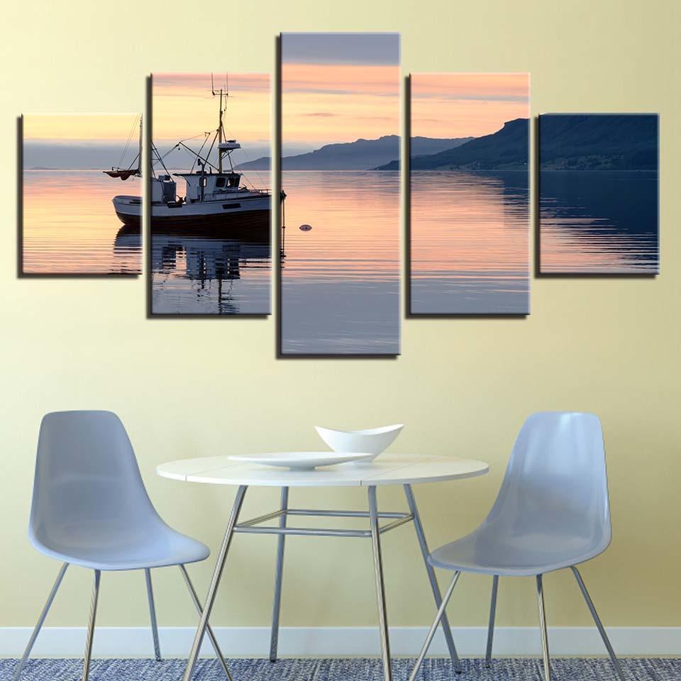 Ship and Mountain Sunrise Seascape 5 Piece HD Multi Panel Canvas Wall Art Frame-Original Frame