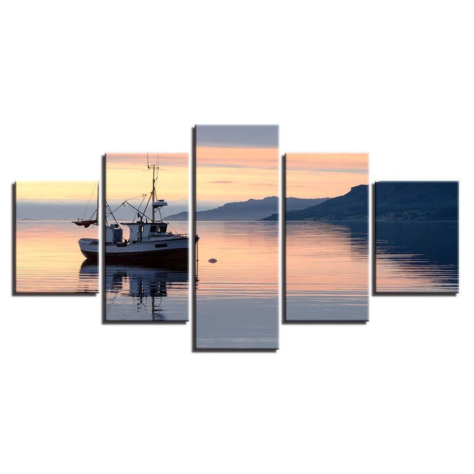 Ship and Mountain Sunrise Seascape 5 Piece HD Multi Panel Canvas Wall Art Frame-Original Frame