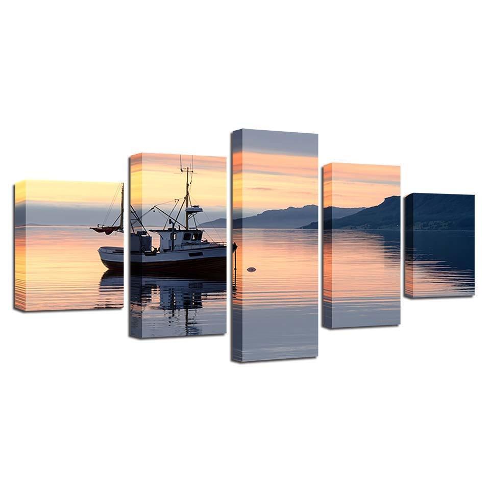 Ship and Mountain Sunrise Seascape 5 Piece HD Multi Panel Canvas Wall Art Frame-Original Frame