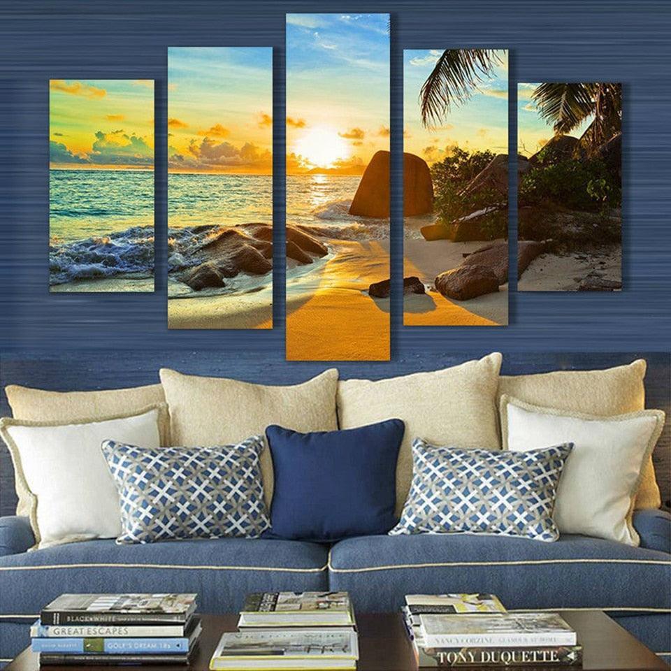 Coconut Tree Reef 5 Piece HD Multi Panel Canvas Wall Art Frame-Original Frame