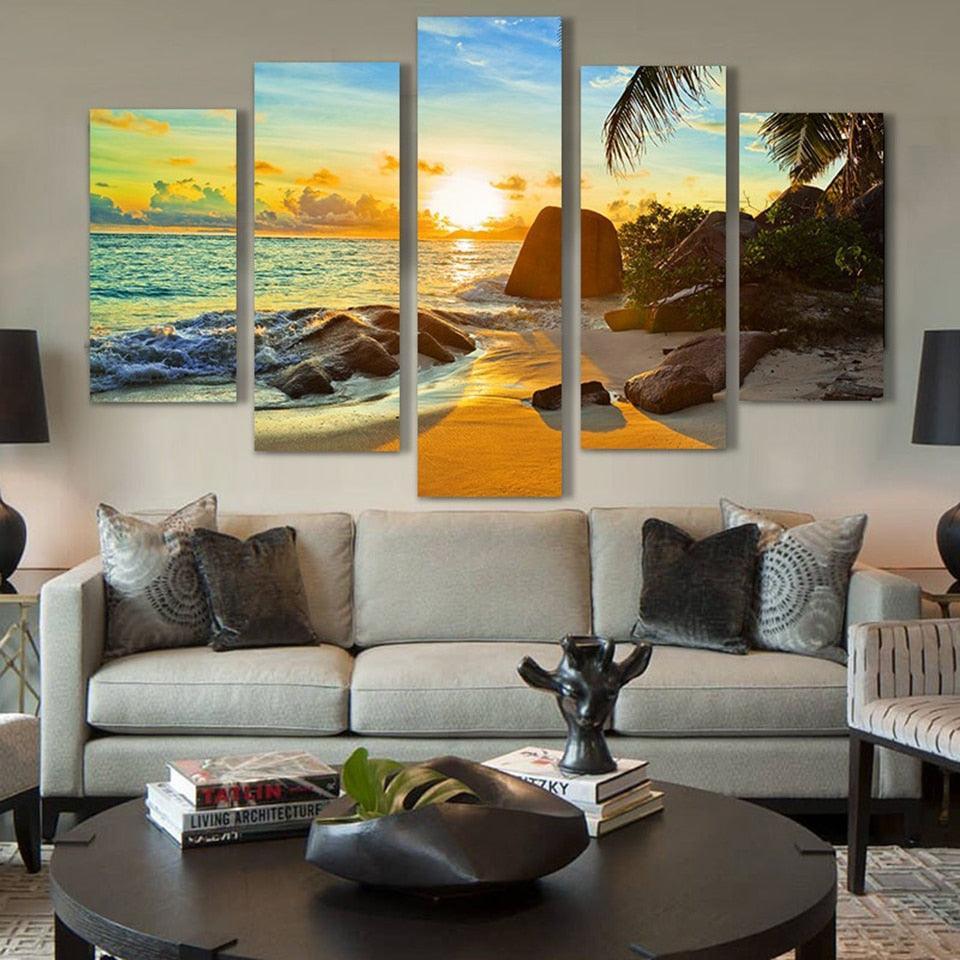 Coconut Tree Reef 5 Piece HD Multi Panel Canvas Wall Art Frame-Original Frame