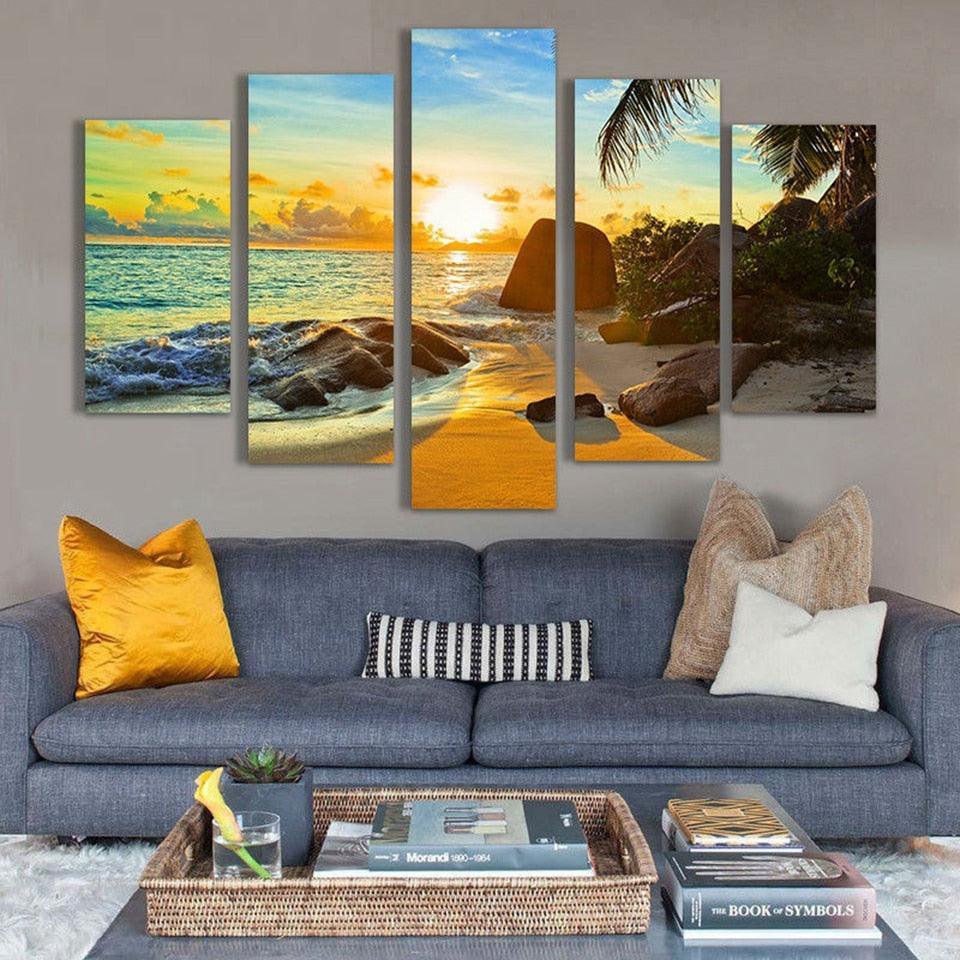 Coconut Tree Reef 5 Piece HD Multi Panel Canvas Wall Art Frame-Original Frame