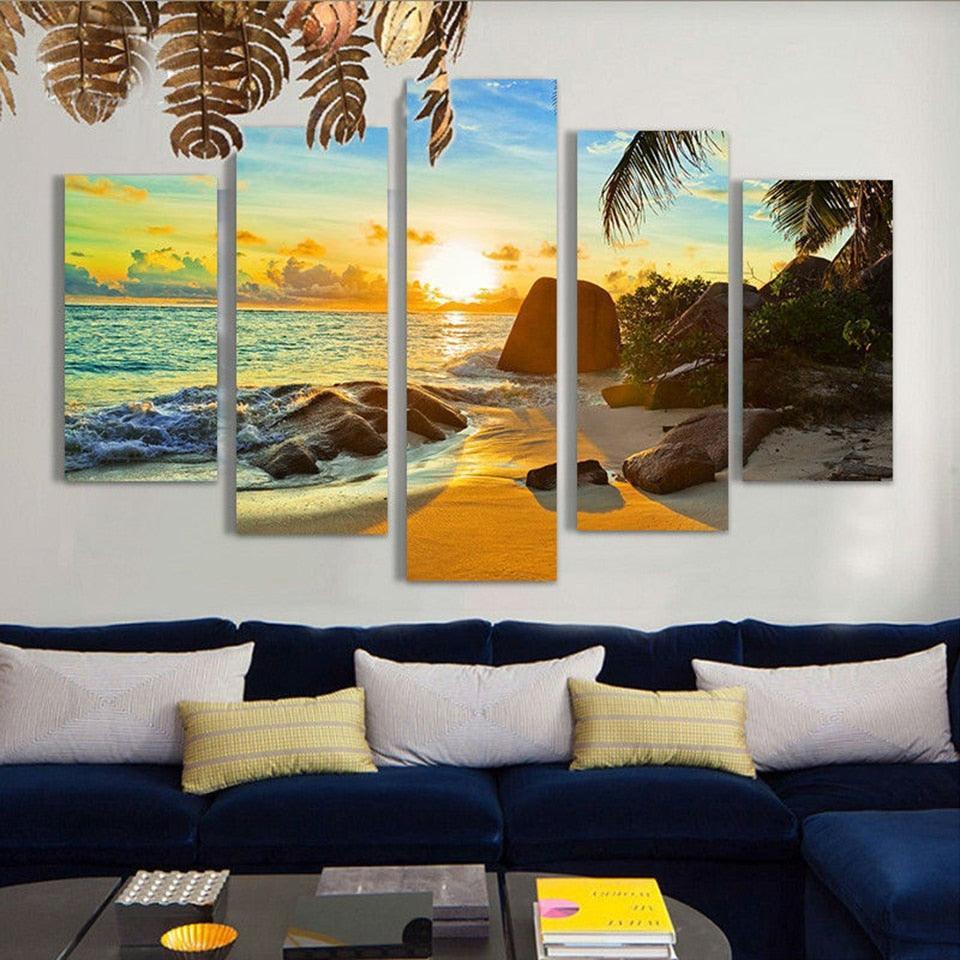 Coconut Tree Reef 5 Piece HD Multi Panel Canvas Wall Art Frame-Original Frame