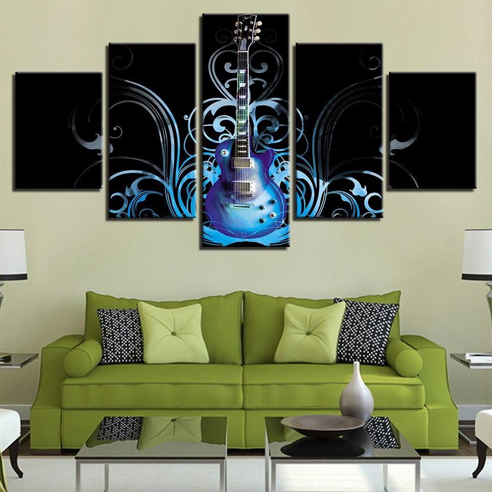 Artsy Blue Guitar 5 Piece HD Multi Panel Canvas Wall Art Frame-Original Frame