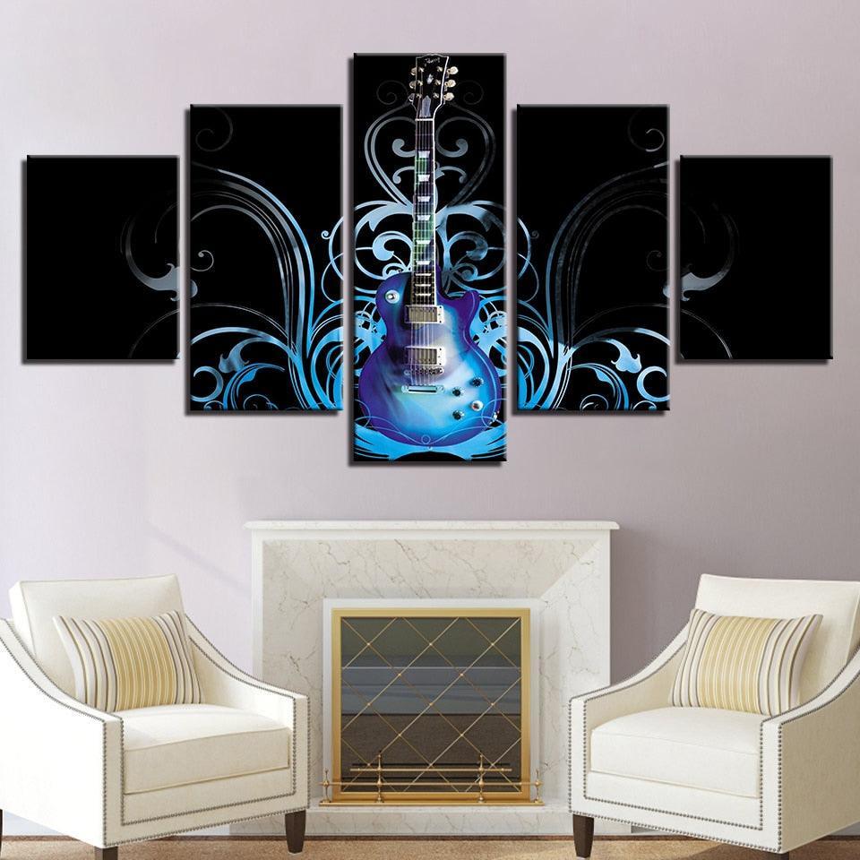 Artsy Blue Guitar 5 Piece HD Multi Panel Canvas Wall Art Frame-Original Frame